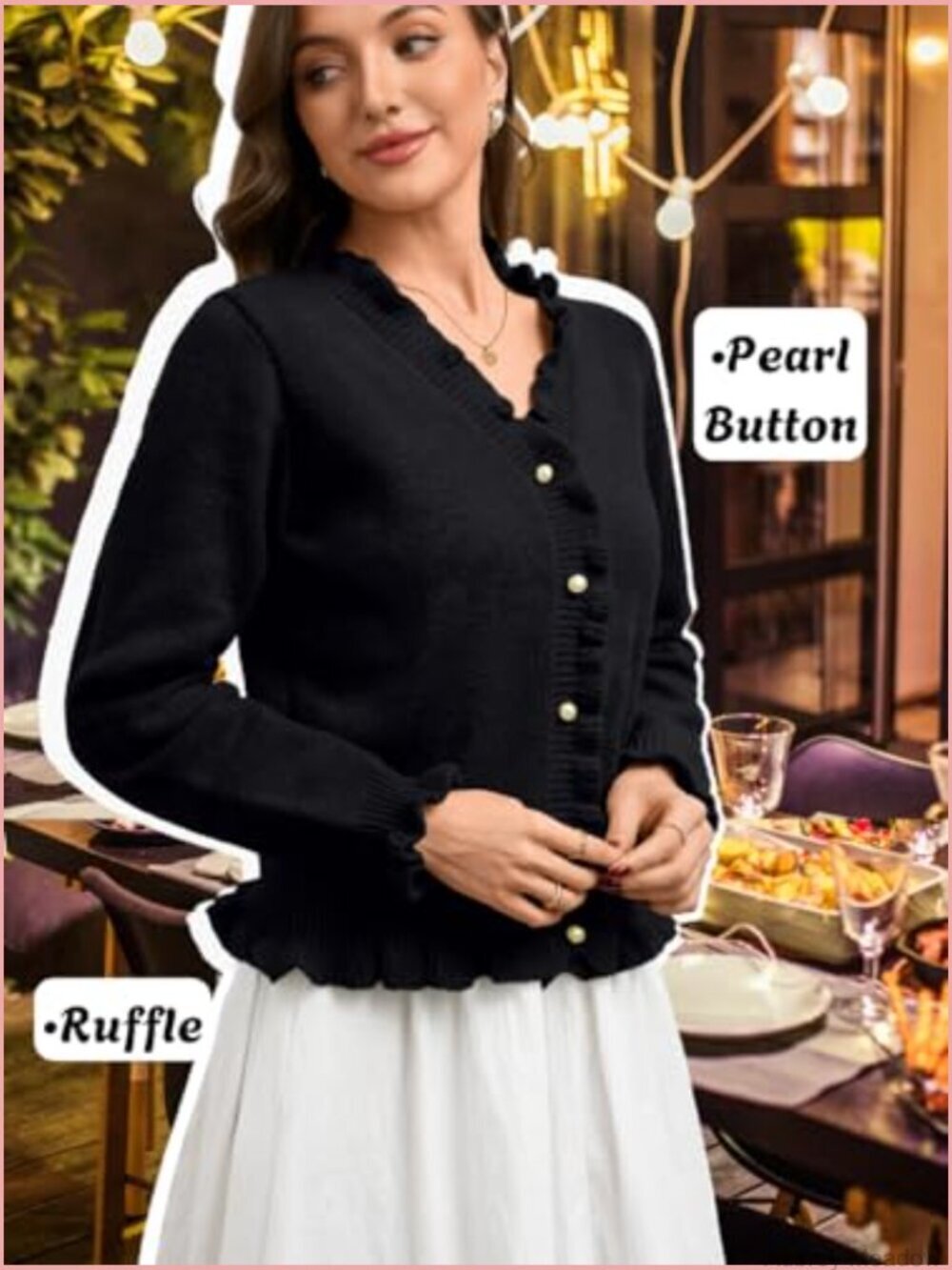 Ribbed Knit Cardigan Sweater - Pearl Button V-Neck Ruffle Long Sleeve Work